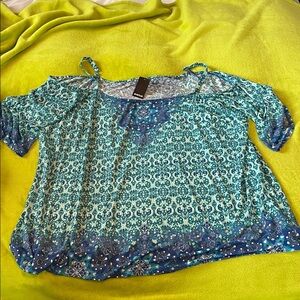Avenue Teal & Blue Cold-Shoulder Printed Blouse 30/32